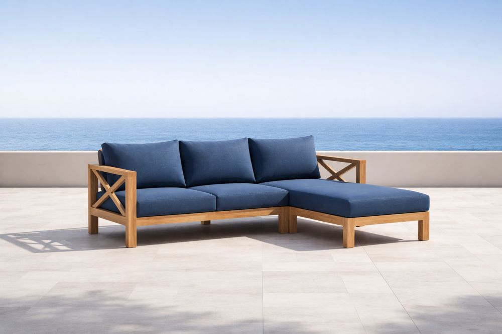 Outdoor Sectional Sofa Set with Blue Cushions and Teak Frame