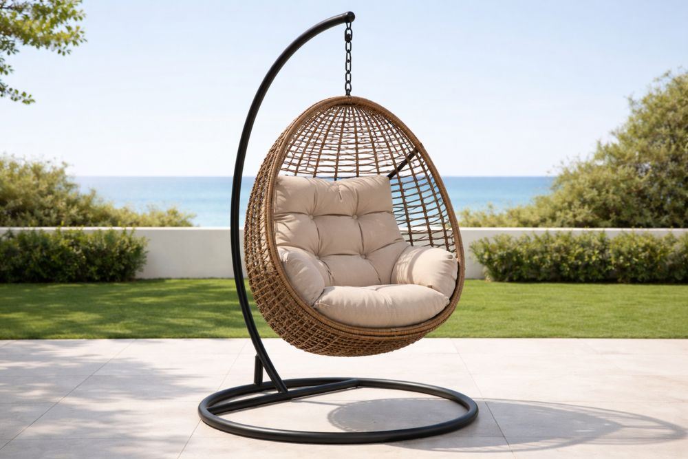 Outdoor Wicker Hanging Egg Chair with Stand Beige Cushion