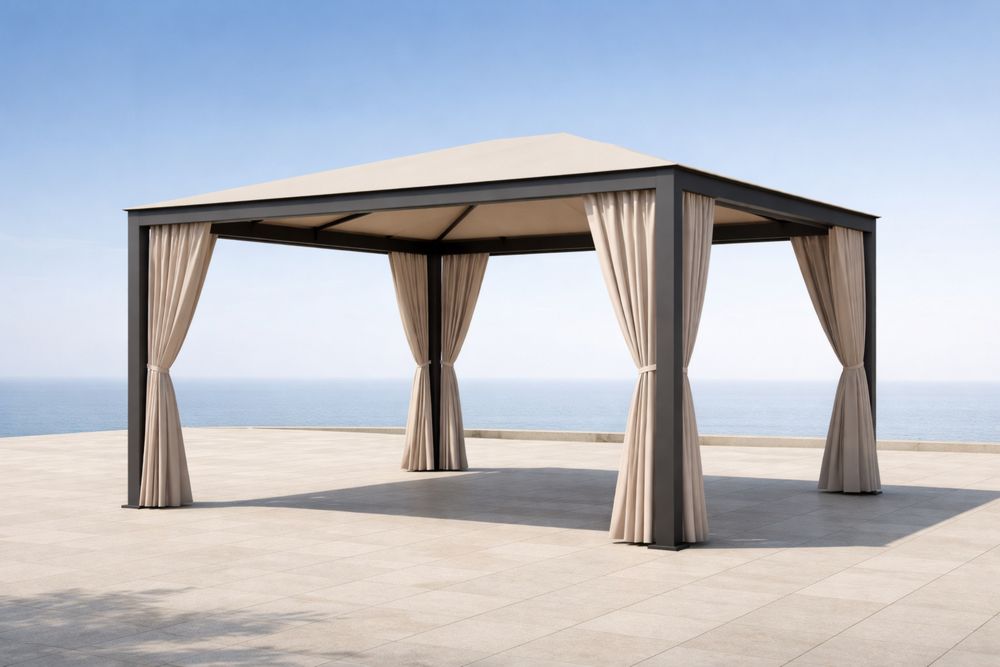Outdoor Gazebo with Curtains Metal Frame Beige Canopy 300x300×260 cm