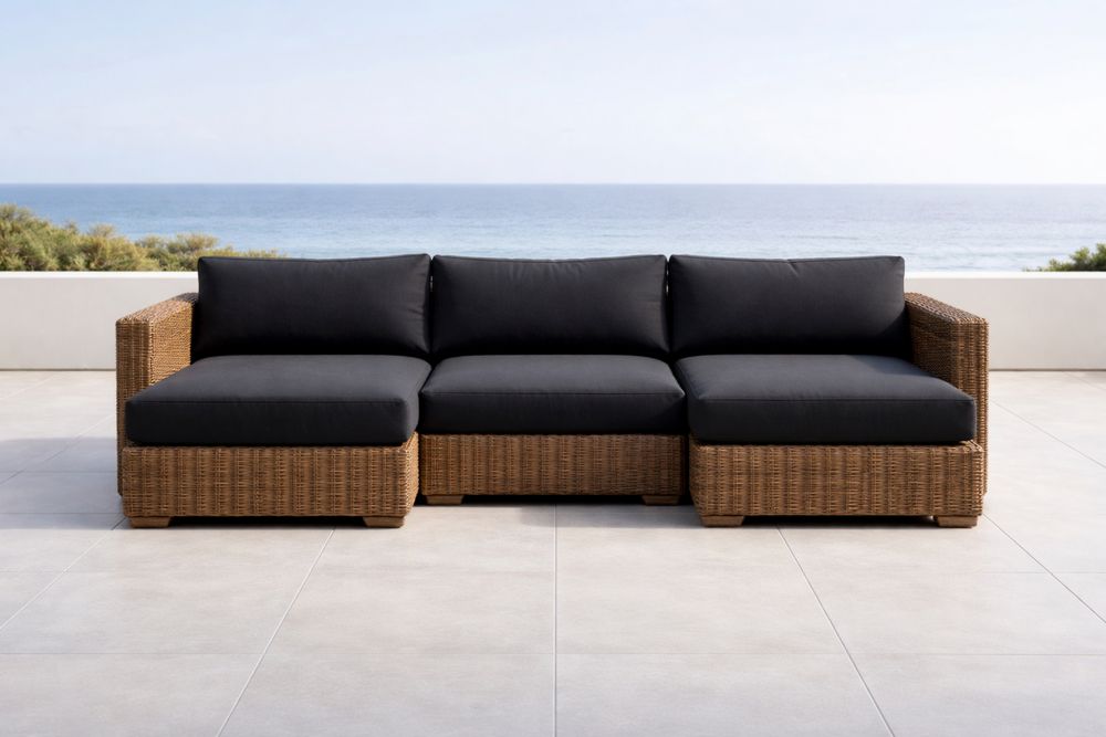 Outdoor Sectional Sofa Set with Black Polyester Cushions and Woven Rattan Frame