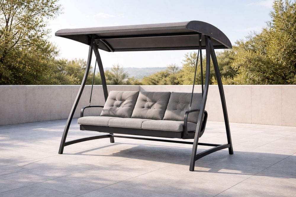 Outdoor Patio Swing with Canopy Steel Frame Gray Cushioned Seating
