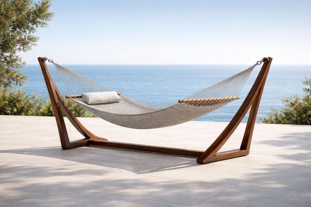 Outdoor Wooden Frame Hammock with Polyester Mesh and Pillow