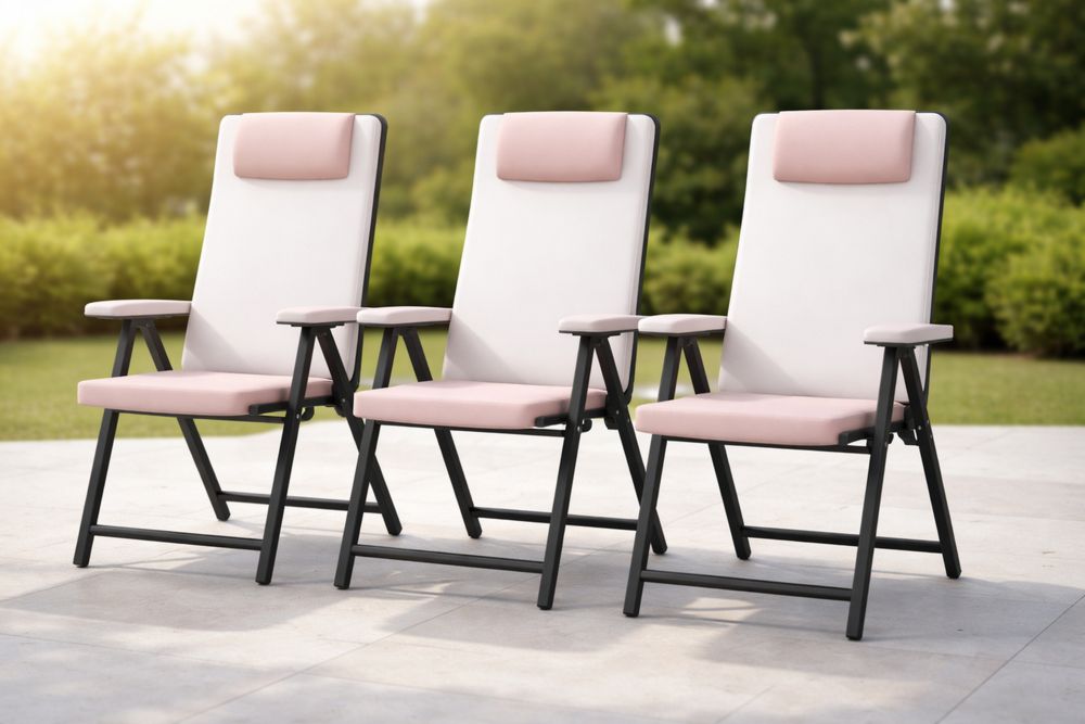 Steel Outdoor Folding Lounge Chairs Set of 3 with Cushioned Backrest and Seat