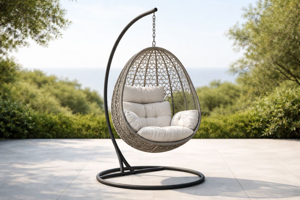 Hanging Egg Chair Outdoor Wicker with Cushion and Metal Stand Beige/Grey