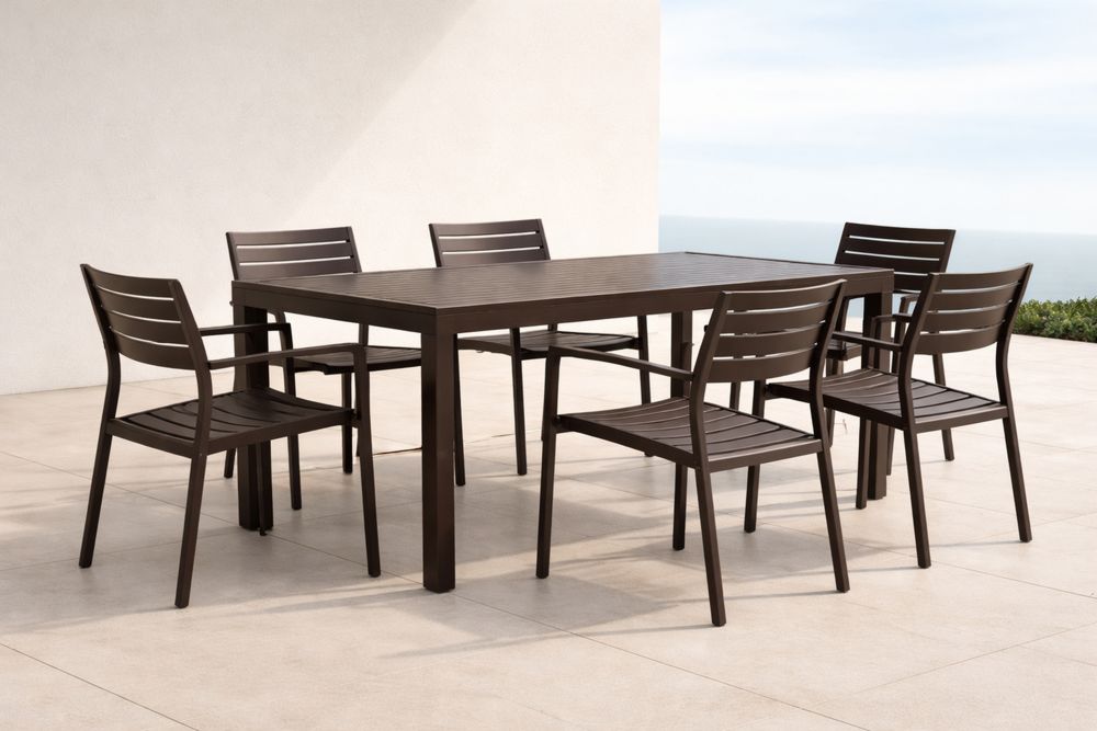 Outdoor Dining Set with Rectangular Aluminum Table and Six Chairs in Brown