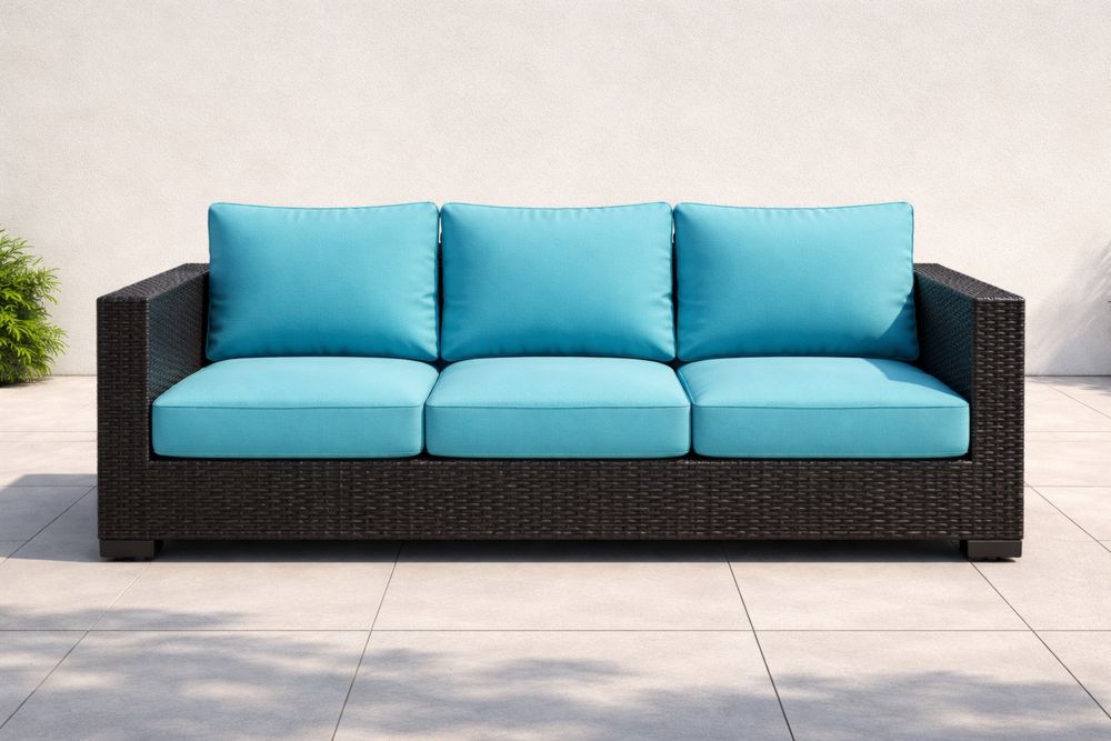 Outdoor Patio Sofa Wicker Frame with Blue Cushions