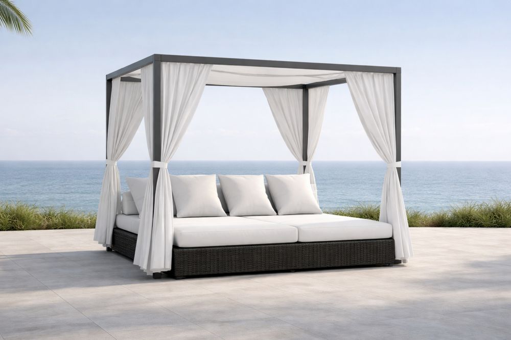 Outdoor Canopy Daybed with White Curtains and Cushions