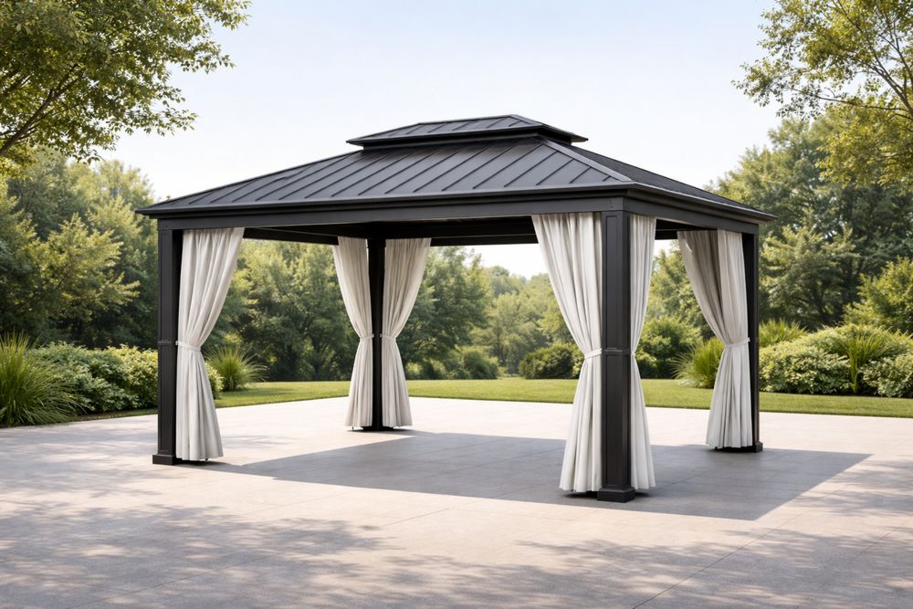 Gazebo Outdoor Pavilion Black Aluminum 3x4×2.8m with Curtains