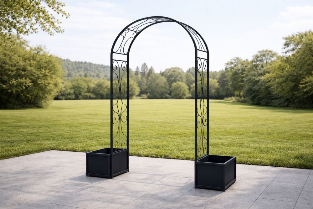 Black Wrought Iron Garden Arch with Planter Boxes