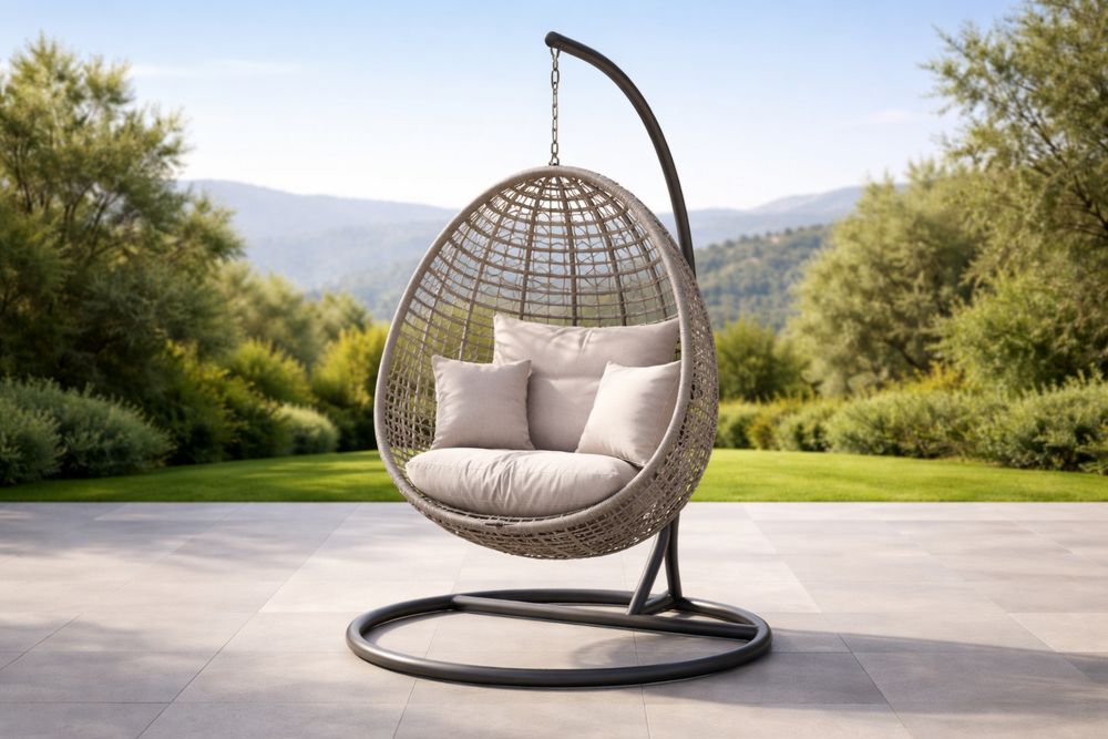 Outdoor Hanging Egg Chair with Cushions Beige Rattan Steel Stand