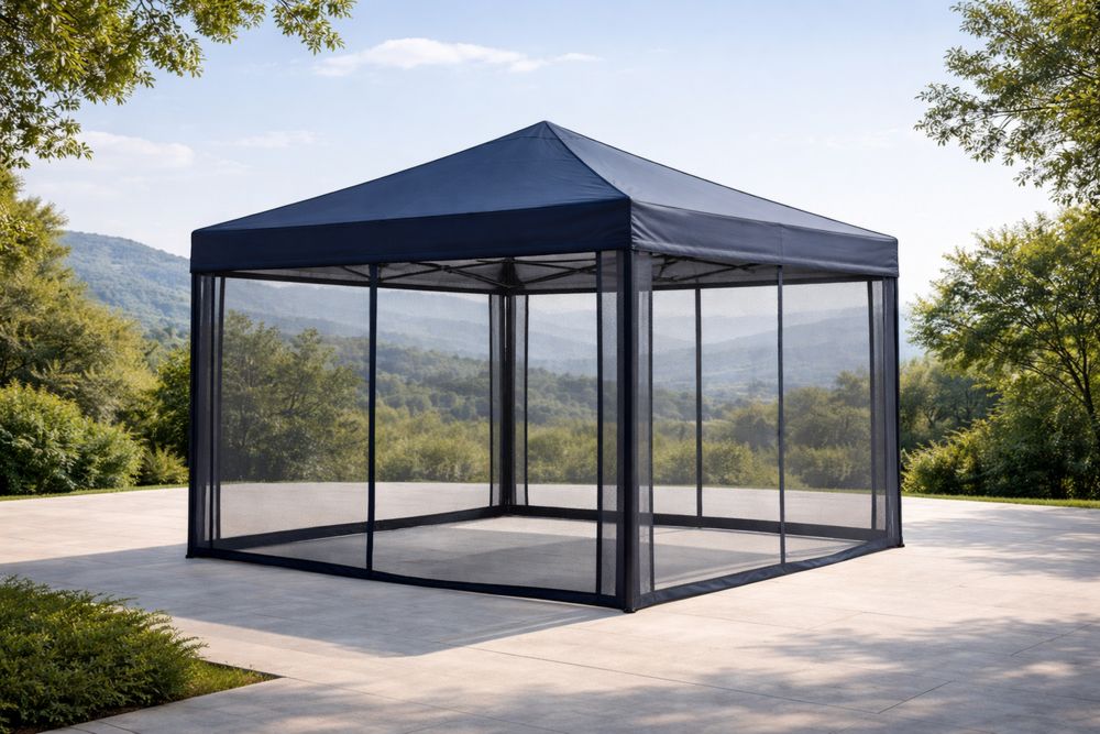 Navy Outdoor Gazebo with Steel Frame and Mesh Netting 300cm x 300cm x 250cm