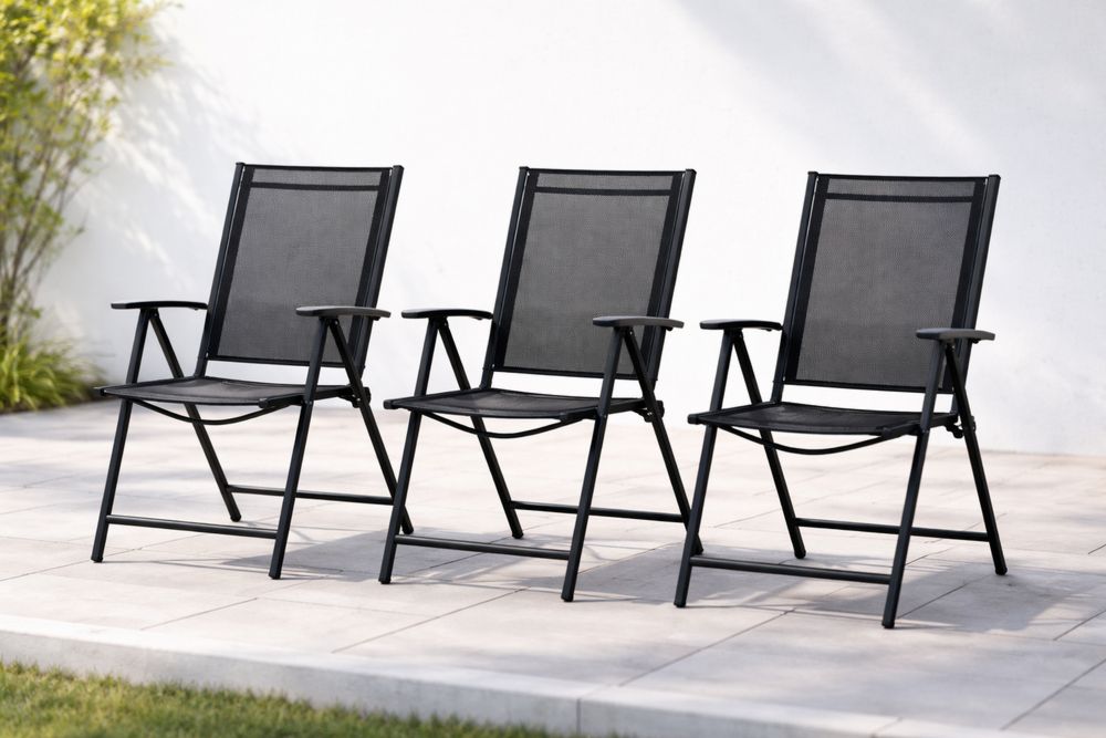 Black Textilene Folding Patio Chairs Set of 3