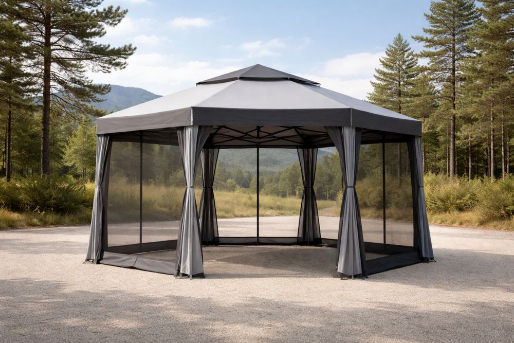 Hexagonal Outdoor Gazebo with Steel Frame and Mesh Curtains