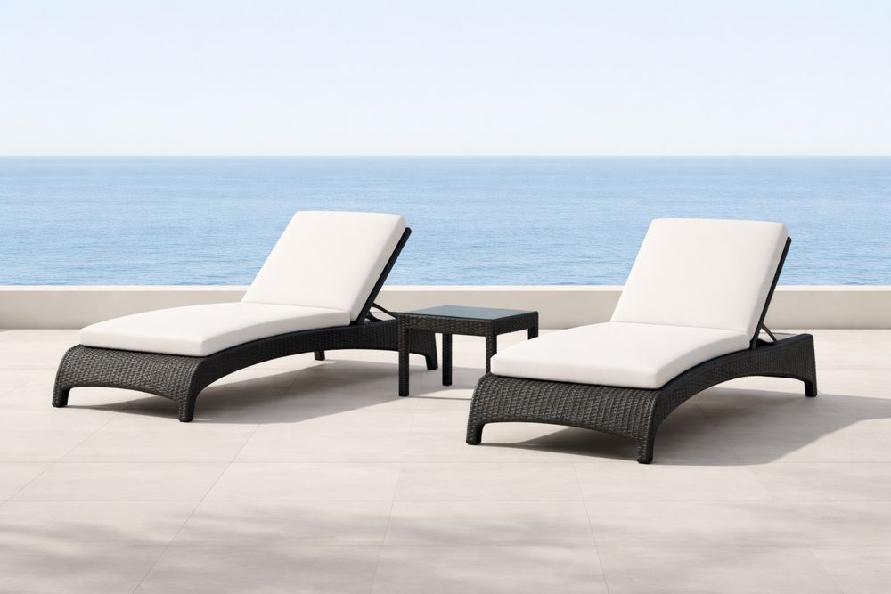 Outdoor Rattan Sun Lounger Set with Side Table and White Cushions