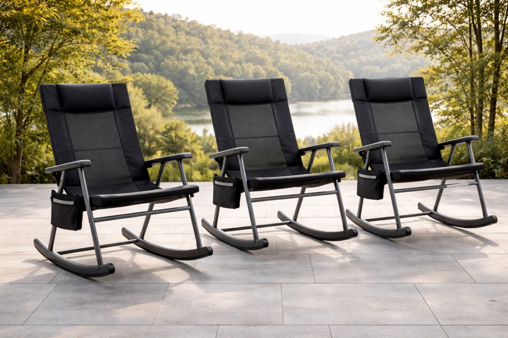 Outdoor Black Textile and Steel Rocking Chair Set