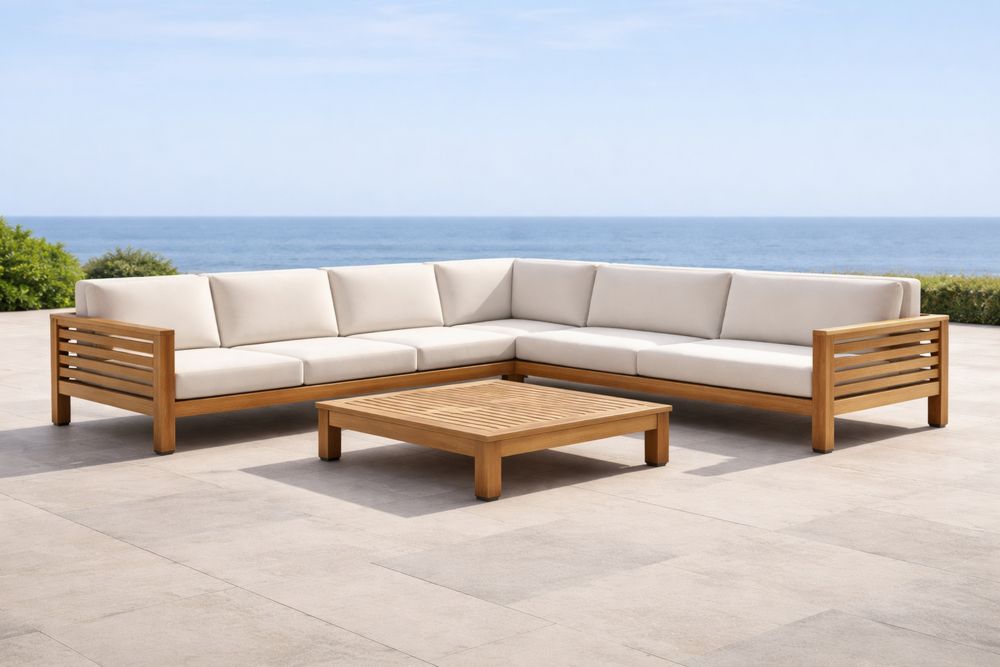 Teak Wood L-Shaped Outdoor Sectional Sofa Set with Beige Cushions