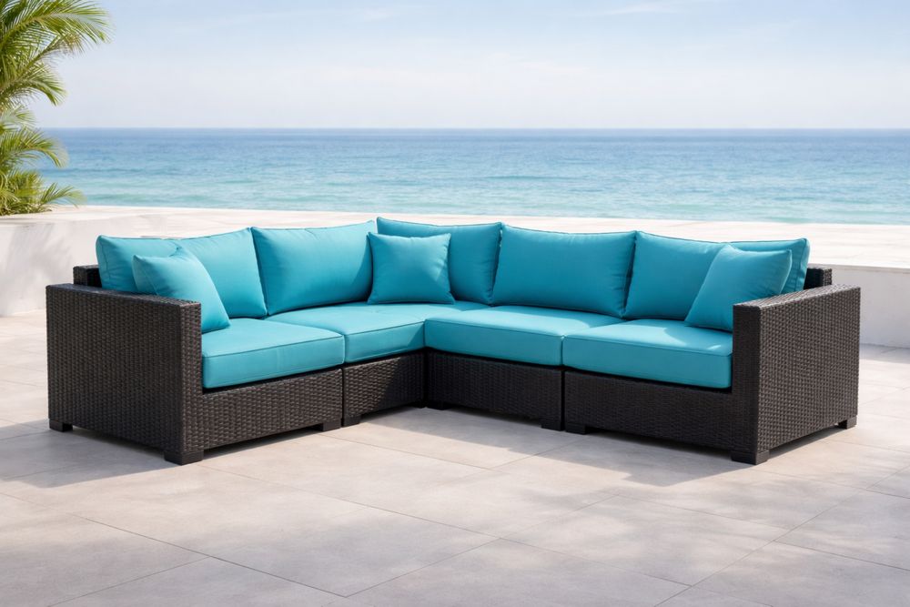 Outdoor Sectional Sofa Set with Turquoise Cushions and Wicker Frame
