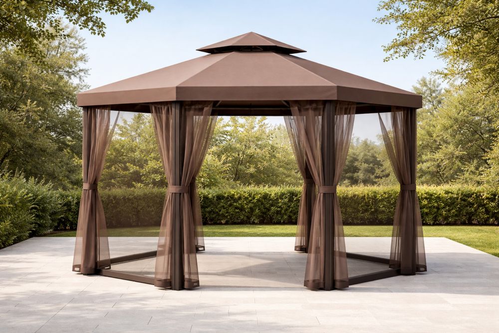 Hexagonal Outdoor Gazebo with Brown Polyester Canopy and Mosquito Netting