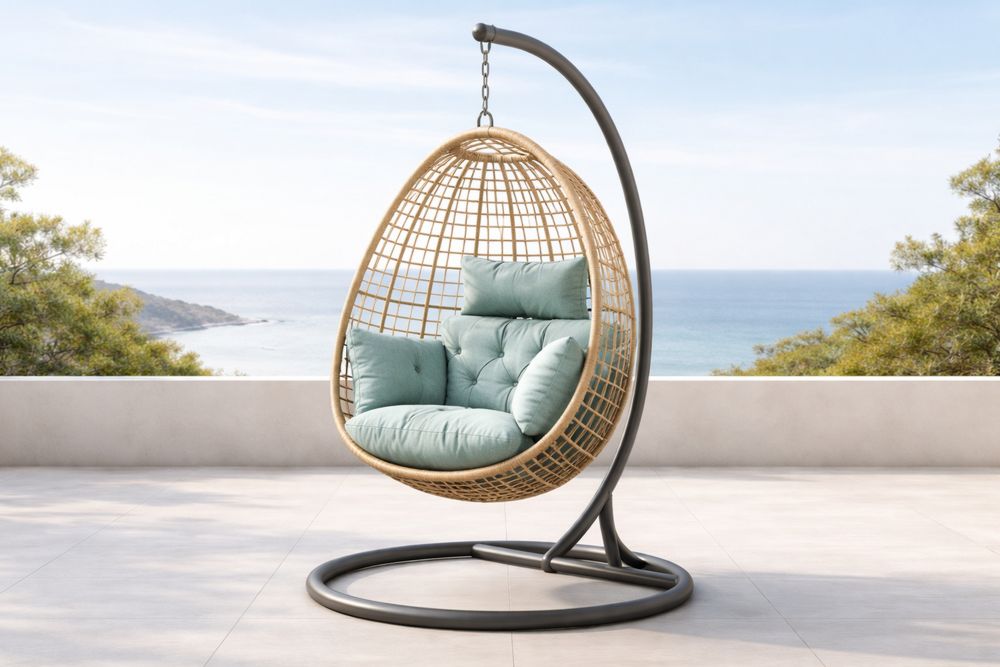 Outdoor Hanging Egg Chair with Cushions Beige Metal Frame