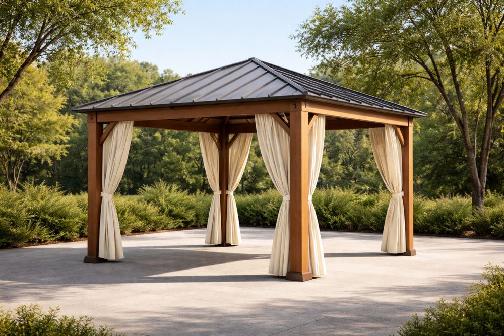 Outdoor Wooden Gazebo with Aluminum Roof and Beige Curtains 3m x 3m x 2.5m