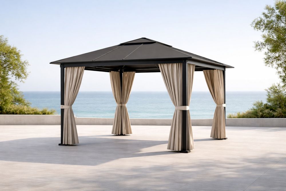 Outdoor Gazebo with Steel Frame and Beige Polyester Curtains