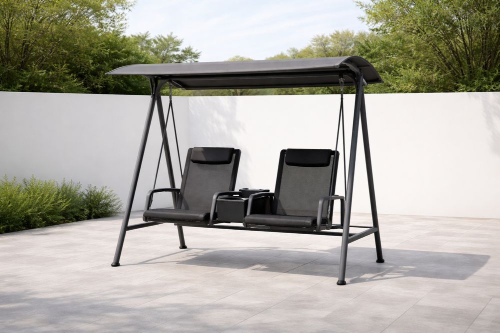 Outdoor Patio Double Swing Chair with Sun Shade Black Steel Frame  Polyurethane Seats