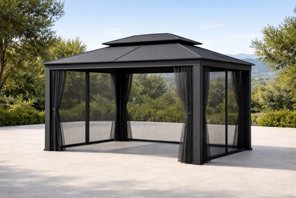 Steel Outdoor Gazebo with Mesh Curtains Black 4x3×2.8m