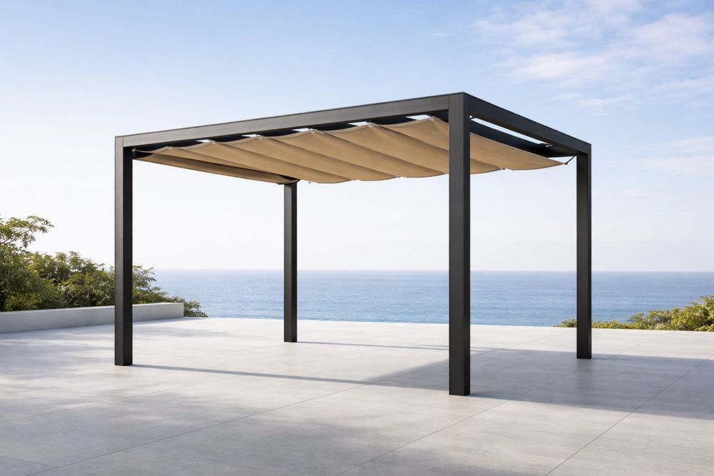 Outdoor Metal Pergola with Retractable Polyester Canopy Beige/Black