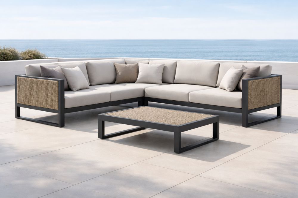 Outdoor Sectional Sofa Set Aluminum Rattan Beige Cushions