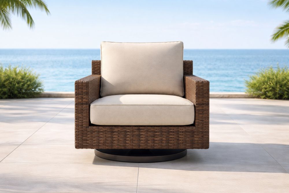 Outdoor Wicker Swivel Chair with Beige Cushions