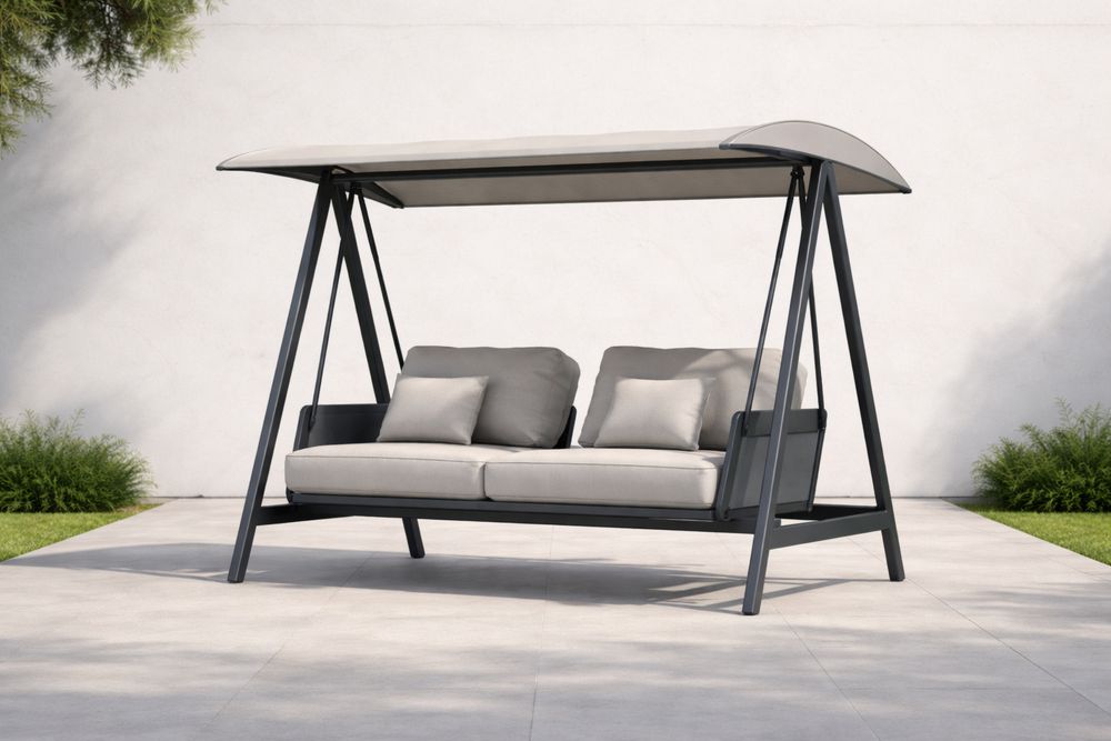 Outdoor Steel Frame Canopy Swing Chair Black Polyester Upholstery 190x120x165 cm