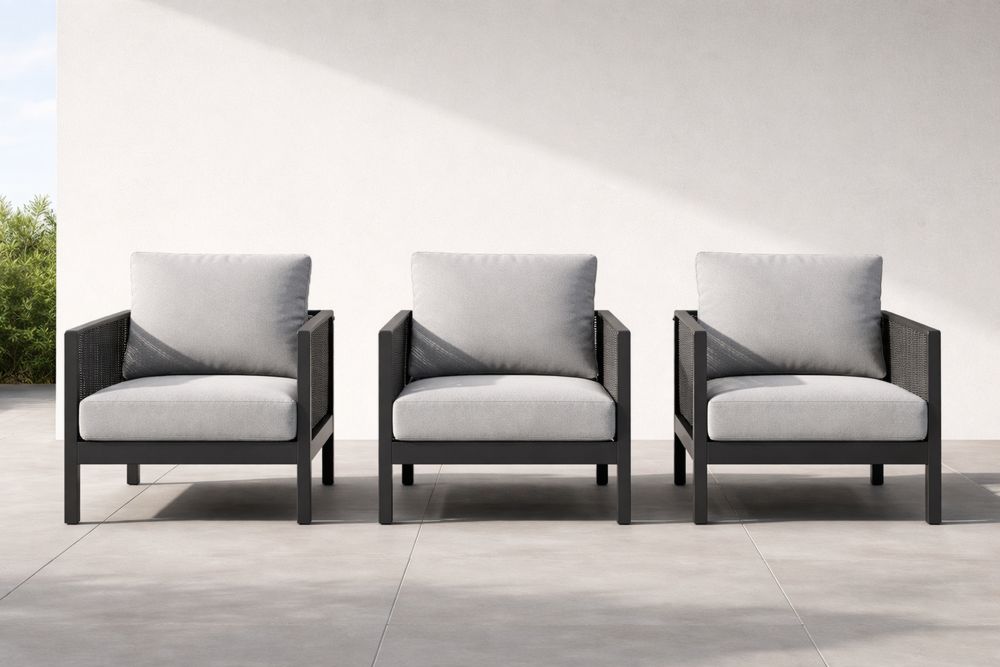 Outdoor Black Aluminum Frame Armchairs Set with Gray Cushions