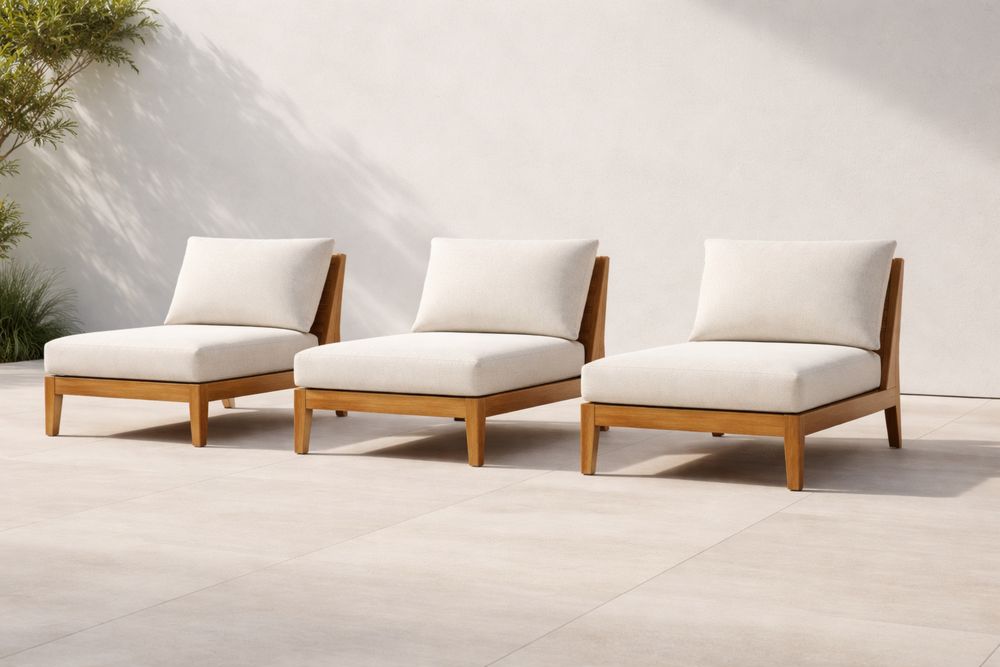 Teak Wood Outdoor Lounge Chair Set with Beige Polyester Cushions