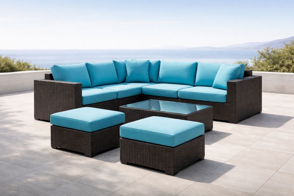 Outdoor Sectional Sofa Set Wicker Rattan Turquoise Cushions Glass Table