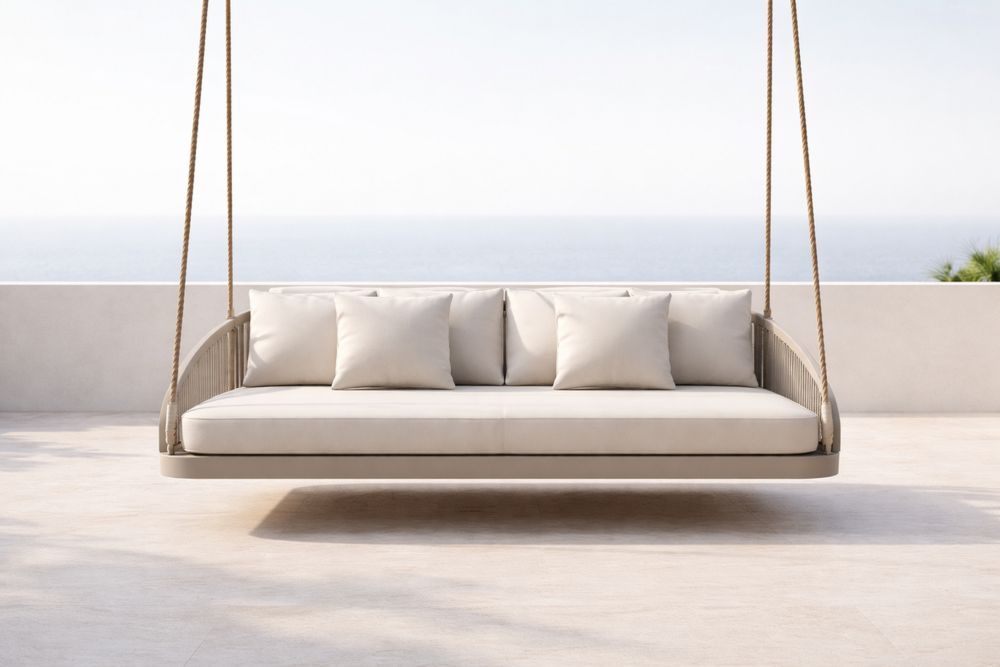 Outdoor Wooden Frame Hanging Daybed with Beige Polyester Fabric