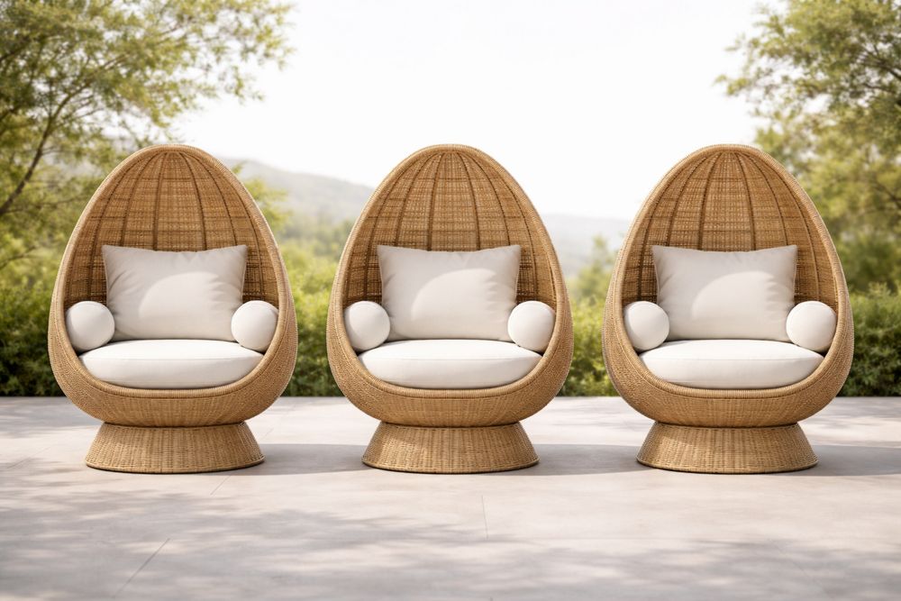Outdoor Rattan Egg Chair Set with Cushions Natural Beige 3 Piece Set