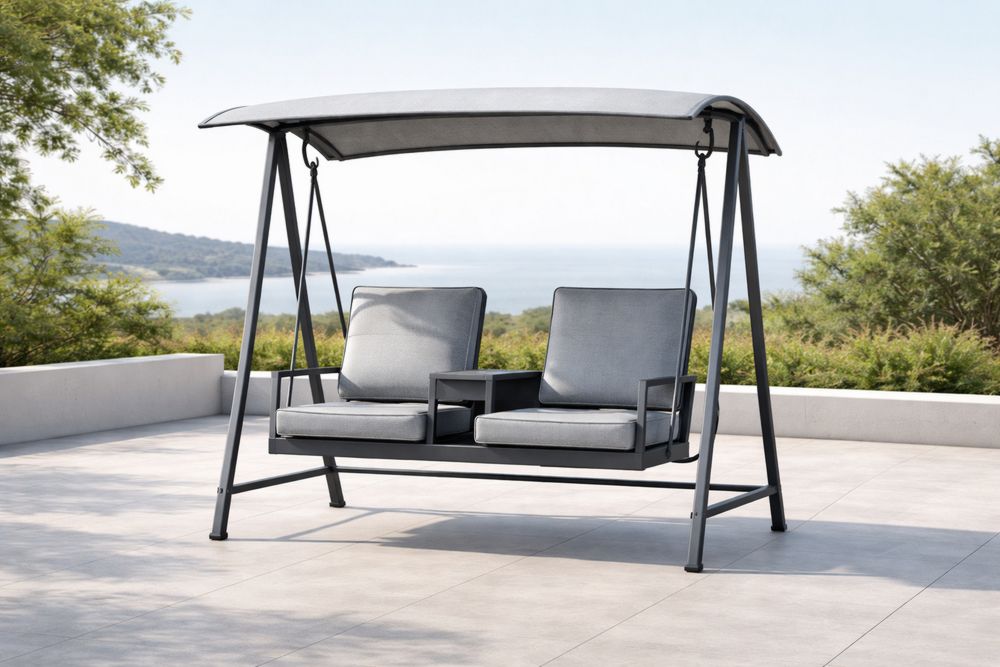 Outdoor Metal Swing Chair with Canopy and Grey Cushions