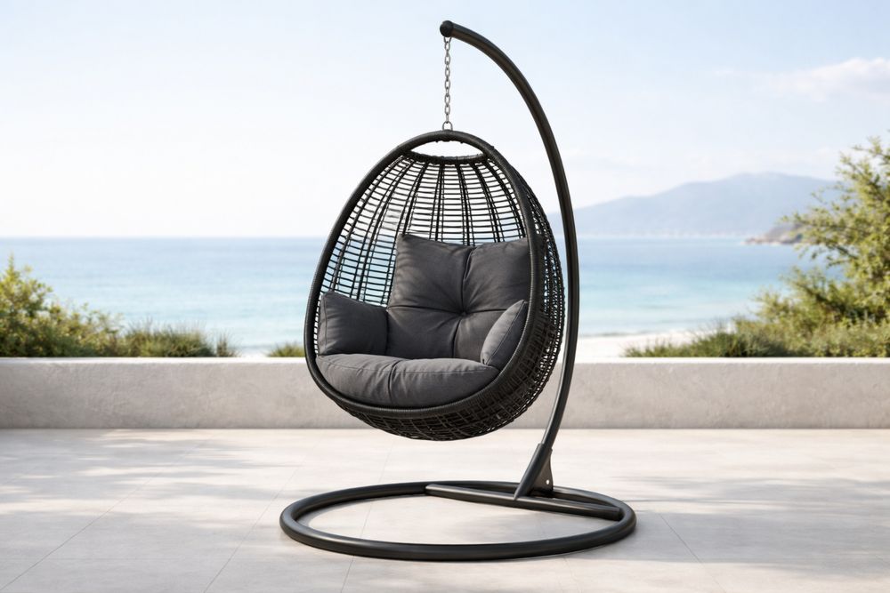 Outdoor Hanging Egg Chair Black Wicker with Gray Cushion