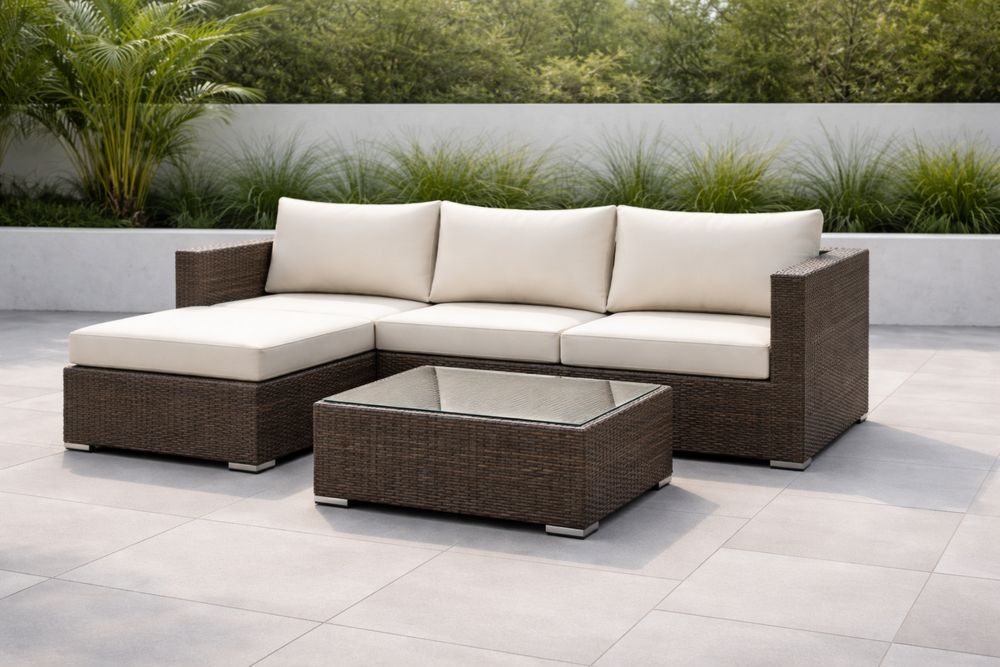 Outdoor Rattan Sofa Set with Glass Coffee Table Beige Cushions
