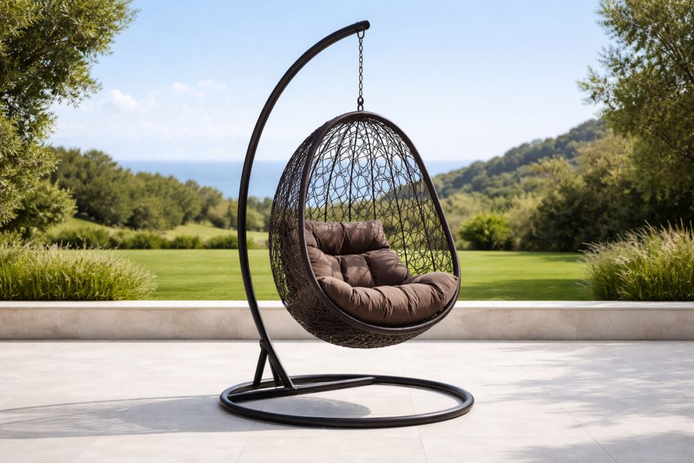 Brown Wicker Hanging Egg Chair with Cushions and Steel Frame for Outdoor Use