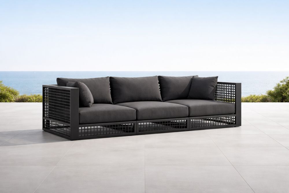 Outdoor Aluminum Frame Sofa with Polyester Cushions, 3-Seater, Black/Grey