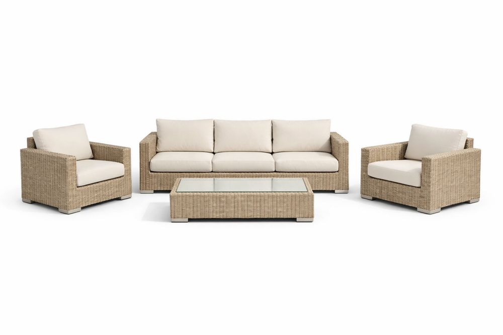 Outdoor Wicker Sofa Set Beige Rattan with Glass Coffee Table