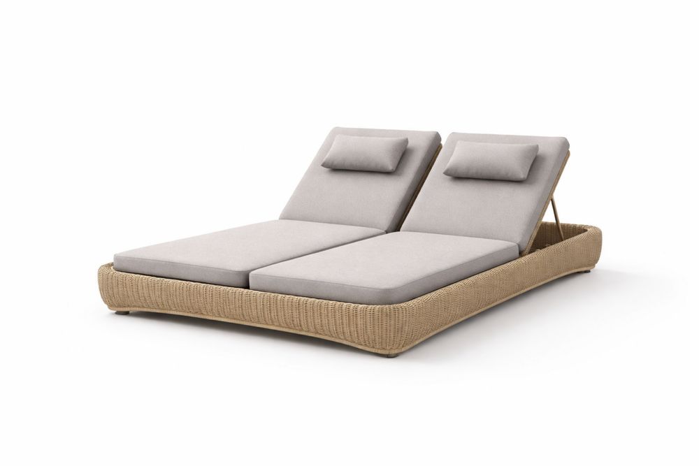 Double Outdoor Chaise Lounge Beige Cushions Rattan Frame Adjustable