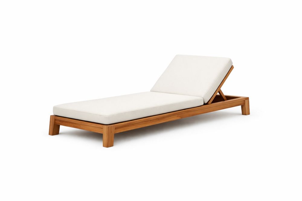 Adjustable Teak Outdoor Chaise Lounge with White Polyester Cushions
