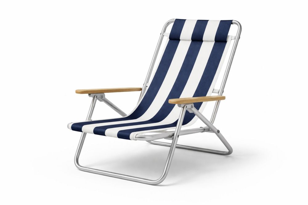 Striped Folding Beach Chair with Aluminum Frame and solid wood Armrests