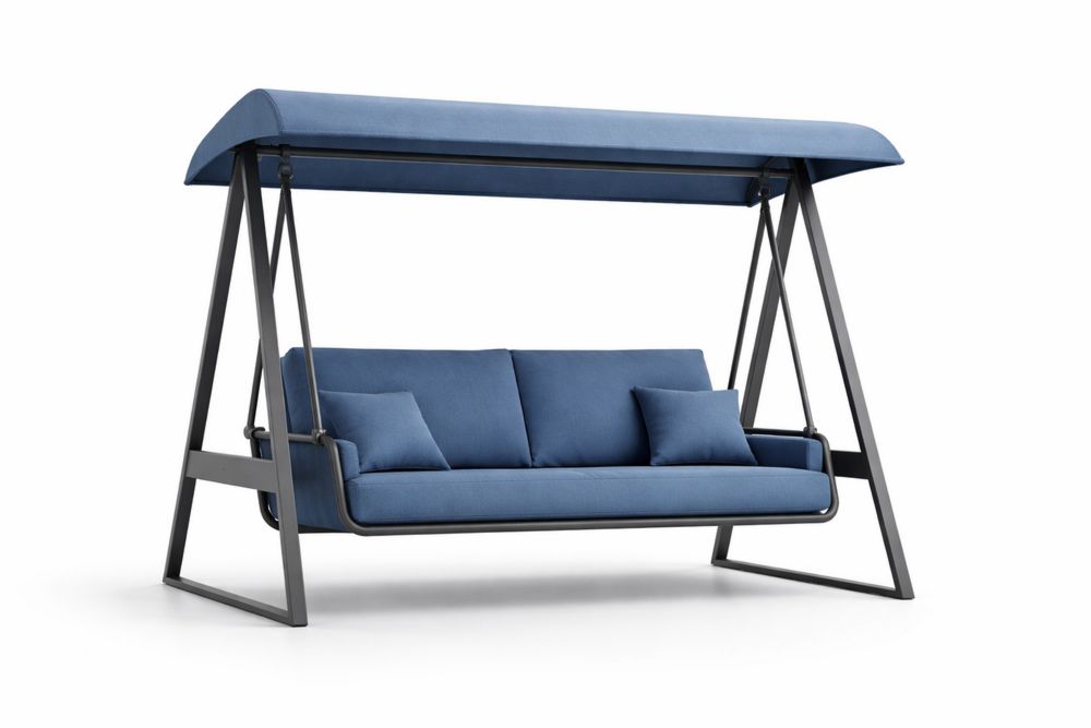 Outdoor Swing Chair with Steel Frame and Blue Polyester Cushions