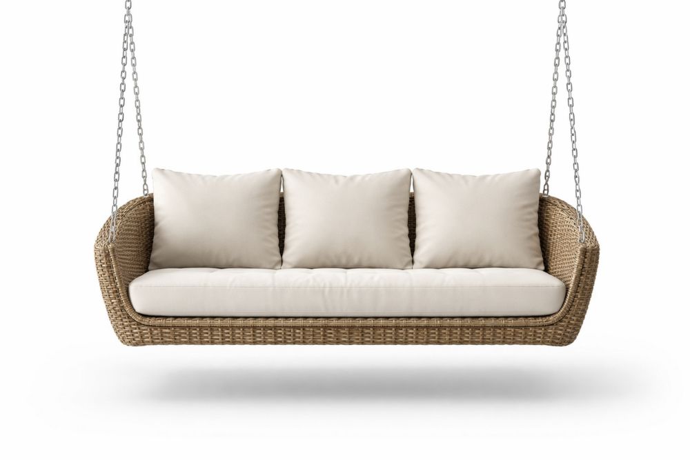 Outdoor Wicker Hanging Swing Sofa Beige Cushions Steel Chain