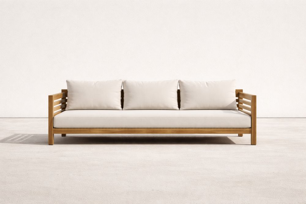 Outdoor Sofa with Acacia Wood Frame and Beige Polyester Cushions