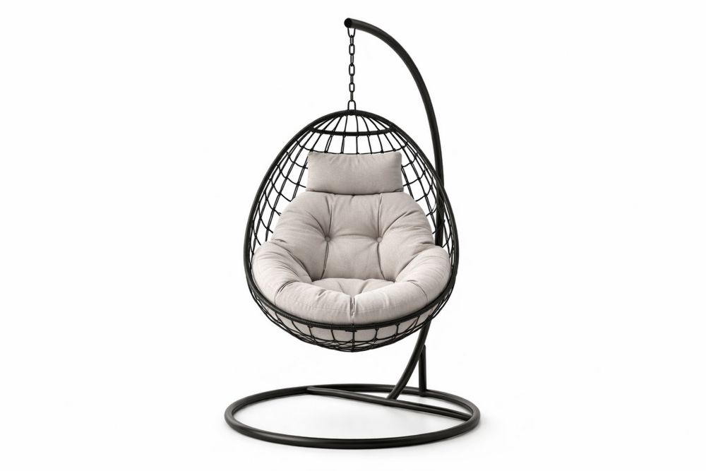 Hanging Egg Chair with Steel Frame and Beige Cushion