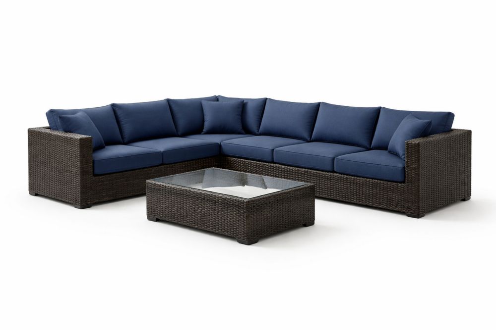 Outdoor PE Wicker Rattan Sectional Sofa Set with Glass Tabletop in Navy Blue